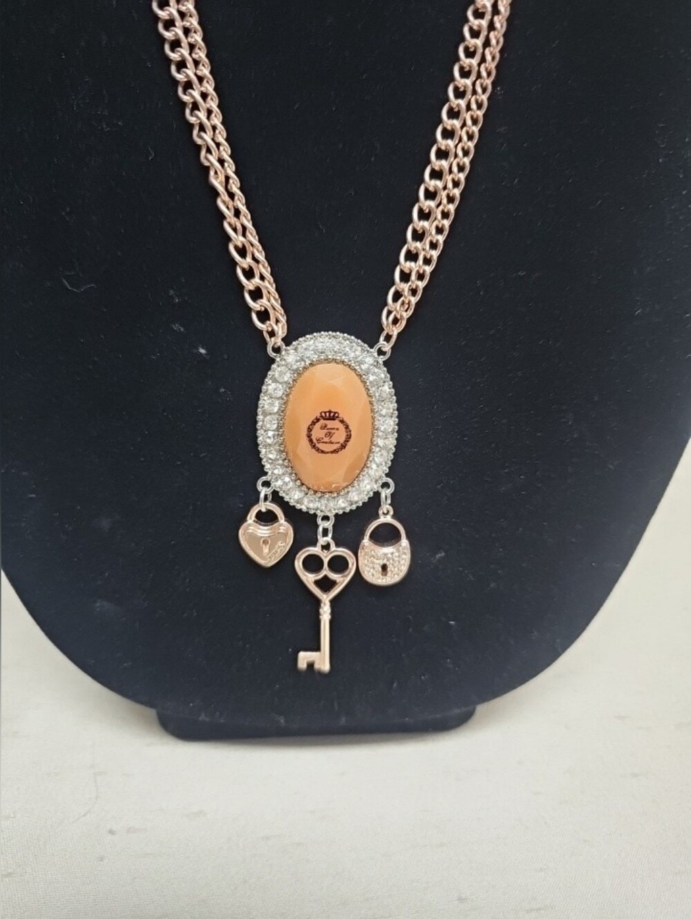 Juicy Couture Double Strand Rose Gold Key & Lock Oval Pendant Necklace